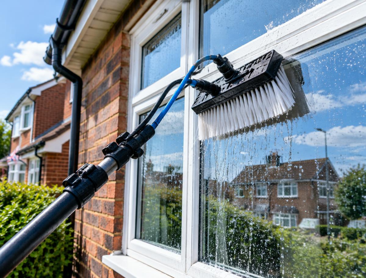 Water-fed pole brush cleaning a window